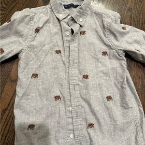 Janie and Jack Gray Button Down Shirt with Bear Embroidery